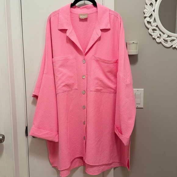 Show Me Your MuMu Dresses & Skirts - Show Me Your Mumu Johns Button Down Shirt Dress Electric Pink XL+ Neon Oversized